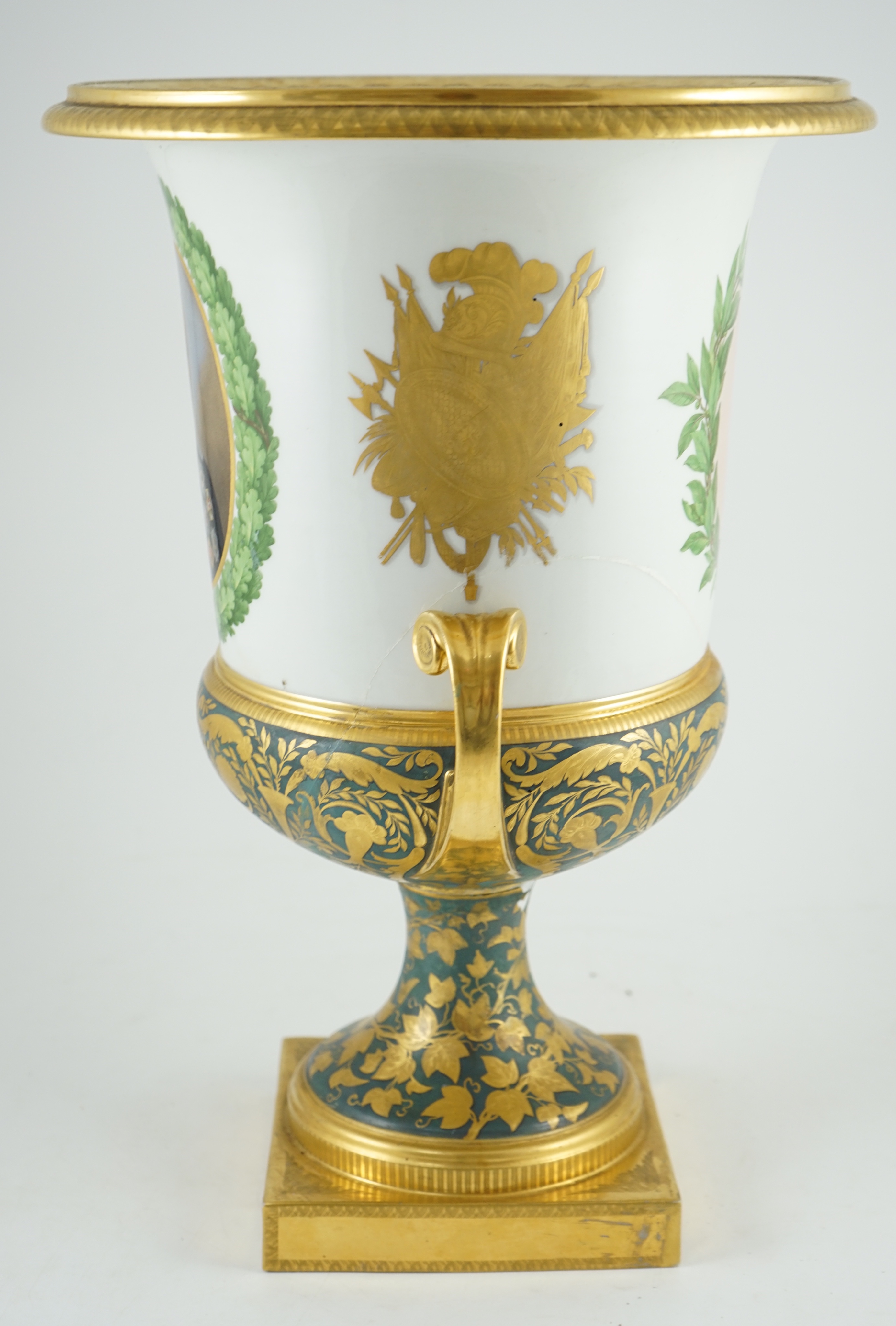 Napoleonic Wars interest: A large Berlin porcelain twin handled urn, c.1816, presented to Sir Henry Hardinge (1785-1856) by the Prussian Prince-General Blücher (1742-1819), 49cm high